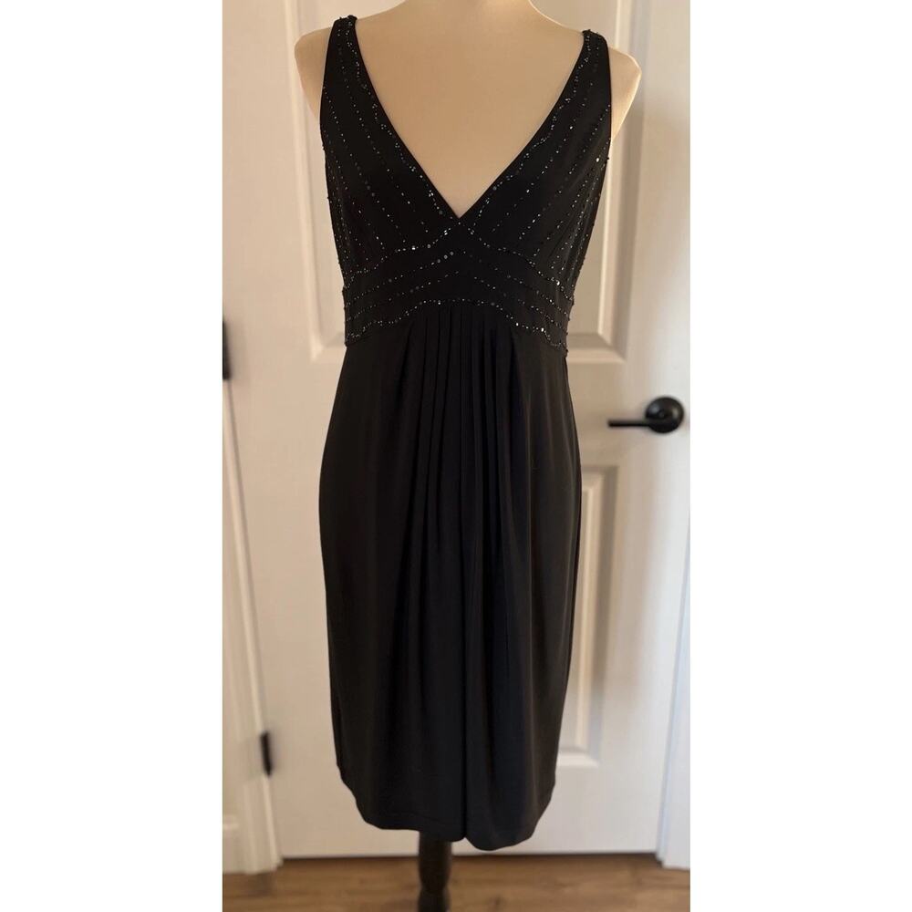Vintage Little Black Dress Beaded Deep V-neck Sz 10 Cocktail Holiday Babydoll